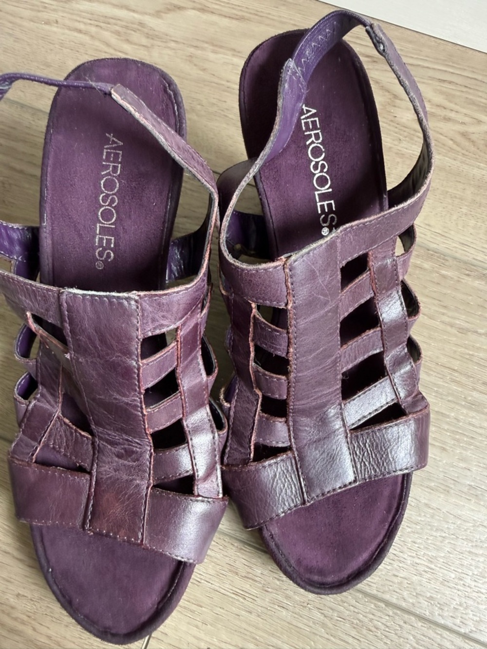 AEROSOLES Plum Leather Espadrille Wedge Sandals - Picture 5 of 8